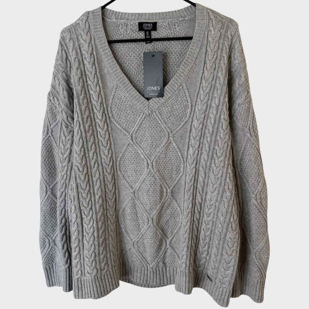 Jones New York Ribbed Cable-Knit V-Neck Sweater Women's Large Heather Gray New